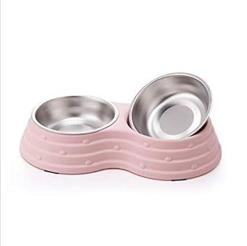 Emily Pets Double Dining Pet feedrer Feeding Drinking Stand Tray Station with stainless steel bowl & non slip rubber bottom,Dual Diner Bowls Removable Dishes Food Water Holder for Dogs(Pink,S,25*14*