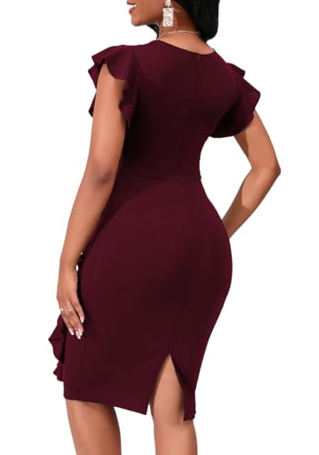 Image of PerZeal Women's 2026 Flutter Sleeve Bodycon Midi Dress Sexy Crew Neck Knit Ruffle Wear to Work Cocktail Party Pencil Dresses