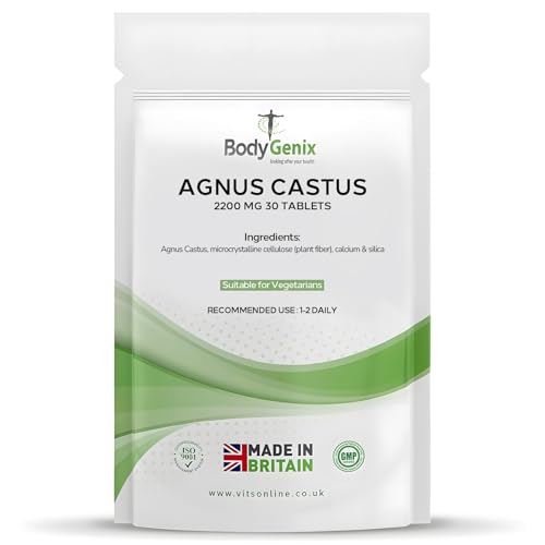 Bodygenix Agnus Castus Tablets - 2200mg Menstrual Cramps Relief Hormones PMS Fertility Support - Natural Food Supplement 1 Month Supply (30)