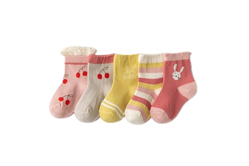 Nemo Baby Boy Girl Cotton Crew Socks, 5 Pairs, Cherry and Bunny Design, Pink and Yellow, 3-12years