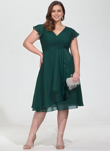 Women's Short Chiffon Bridesmaid Dresses with Flutter Sleeves for Wedding V Neck Ruffle Formal Dress with Pockets4