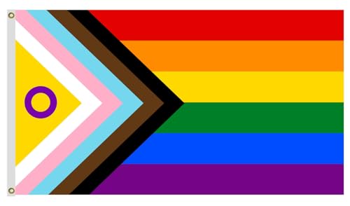 Inter Progress Pride-Flagge, 1,8 x 3 m, lebendige Farben, wetterfest, doppelt genäht, LGBTQ-Regenbogen-Flaggen für den Außenbereich, Polyester-Flaggen mit stabilem Messingring, 15,2 x 25,4 cm