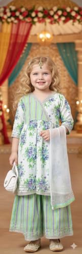 Image of A.T.U.N. (ALL THINGS UBER NICE) Girls 100% Cotton Printed Kurti, Sharara & Dupatta Set | Traditional Indian Clothing for Kids | Soft Breathable Fabric Comfortable Outfit Set