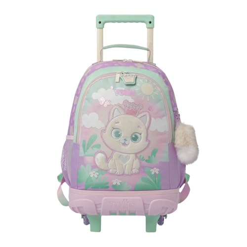 TOTTO - Mochila Escolar con Ruedas, Modelo Queen Cat M, Mochila Mediana, Capacidad 23 L, Bolsillos Botella, Organizador Interno, Protección en la Base, Correas Ajustables, Color Rosa