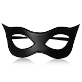 IHLOOTD Masque Chat Femme Noir en Cuir, Demi Masque Yeux de Chat, Masque de Mascarade, Accessoire Costume Chat pour Halloween, Carnaval, Cosplay (B)