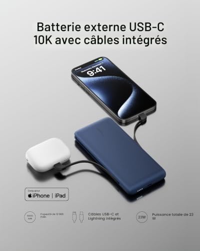 Belkin Batterie externe BOOSTCHARGE Plus 10K (10,000 mAh avec câbles Lightning et USB-C MFI intégrés, port de recharge USB-C, bleu) – vue 6