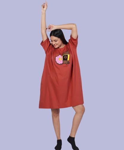 Image of LAMA STORE Women's Printed Oversized T-Shirt Dress, Cotton, 3 /4 Sleeve Length, Casual Loose Fit, Comfort Wear Extra Comfy Oversized Printed Pocket T-Shirt Dress