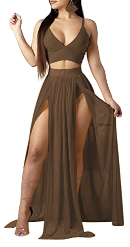 Image of Women Sexy 2 Piece Outfits Dress Chiffon Strap Deep V Neck Bra Crop Top High Split Maxi Dresses Skirt Set