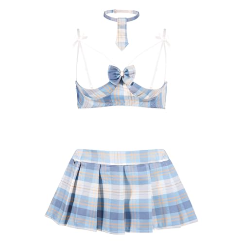 WBDWWTD Seksowna uczennica Cosplay bielizna kostium JK jednolity koronkowy przezroczysty biustonosz Top wzburzona plisowana spódnica Strappy bielizna bikini na walentynki