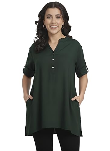 Image of Women's Roll-Up Sleeve Tunic Top, V-Neck with Button Front, Side Pockets, Rayon Short Kurti