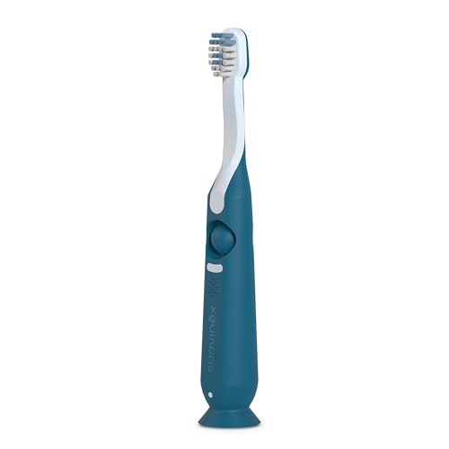 Suavinex, Brosse à dents pour enfants de 2 à 6 ans, poils doux en forme d'ovale, idéale pour les molaires, manche ergonomique et antidérapant, ventouse à la base, grattoir lingual, bleu