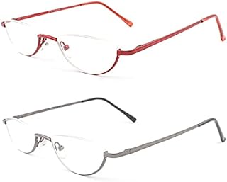 MMOWW 2 Pack Half Moon Reading Glasses for Men Women Slim Metal Half Frame Readers Semi Rimless Eyewear with Spring Hinge (Red+Gray, 2.0)
