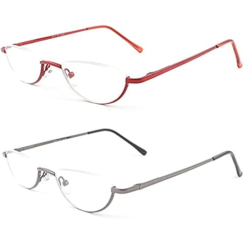 MMOWW 2 Pack Half Moon Reading Glasses for Men Women Slim Metal Half Frame Readers Semi Rimless Eyewear with Spring Hinge (Red+Gray, +1.5) Cover