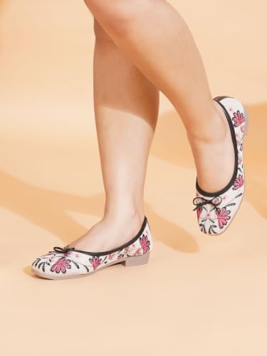 Image of TRYME Floral Embroidered Bow Ballerina Shoes for Women | Lightweight Slip-On Belly Flats | Soft Sole Comfortable Casual Footwear
