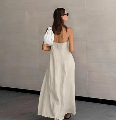 Aesthetic Dress Strapless Linen Maxi Dress Linen A-Line Strapless Dress for Vacation and Going Out Dress3