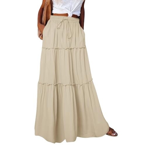 Long Skirts for Women Trendy Pleated Maxi Skirt Casual Long Flowy Skirt Drawstring Elastic High Waisted Midi Skirts Midi Length Swing Ruffle a Line Skirt Chiffon Maternity Skirt Tiered Beach Skirts