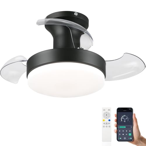 Pequeño 52cm Ventilador De Techo Con Luz Aspas Retráctiles Y Mando A Distancia, Lampara Ventilador Techo Silencioso Dormitorio Habitacion Pequeña Regulable 6 Vel Reversible Motor DC Temporizador-negro