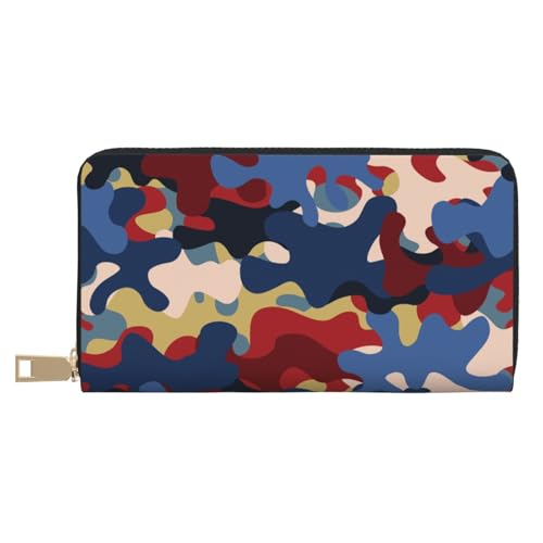 Leather Thin Slim Wallets for Women Men - Fashion Navy Red Camo Print Card Wallet Holder with Zipper