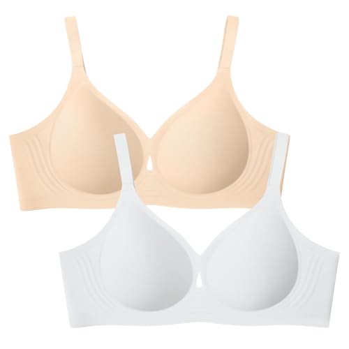 LetsJoli Wireless Bras for Women No Underwire Jelly Bras Seamless Push Up Full Coverage Bralettes Comfortable Everyday Brae (Nude+White,2PCS,M)
