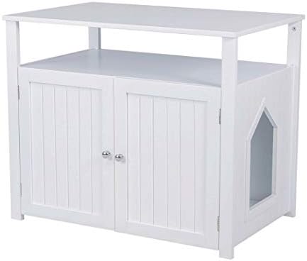 Good Life Double-Door Pet Crate Cat Washroom Hidden Cat Litter Box Enclosure Furniture Cat House with Table Home Nightstand Large Box Black White Color (White)