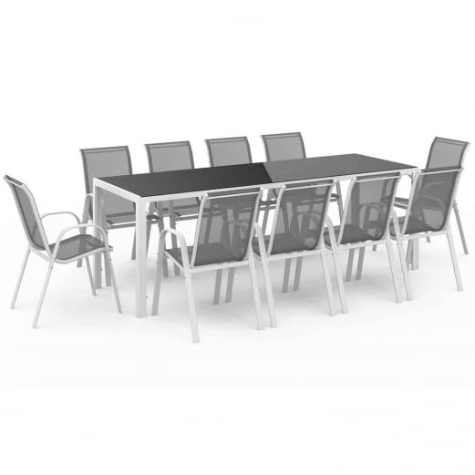 IDMarket – Salón de jardín Madrid Mesa 240 CM y 10 sillas apilables blanco y gris, Mesa y Sillas Terraza, Muebles de Exterior