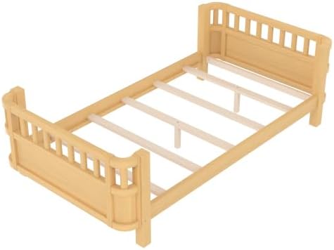 Harper & Bright Designs Twin Size Kids Bed with Detachable Fence and Guardrails, Wooden Twin Platform Bed Frame, Low Profile & Rounded Corners Design for Boys & Girls, Natural