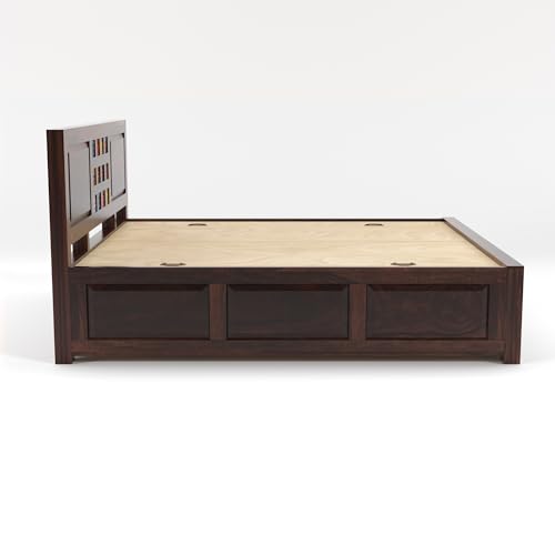 Image of Sheesham Wood Queen Size Bed with Storage Box | Wooden Box Bed Queen Size Double Cot Bed with Storage for Bedroom | Premium Tile Dalla Design Headboard Bed for Living Room | Walnut Finish