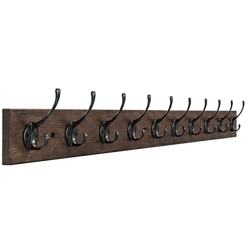 IBosins Vintage Wall Mounted Coat Rack, 34″ Long with 10 Black Double Hooks | Rustic Wall Mounted Metal Wood Entryway Hook Rack for Scarf, Bag, Towel, Key, Cap, Cup, Hat