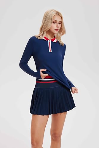 Image of Tennis Skirt Sets for Women Zipper Color Block High Waisted Golf Polo Two Piece Skirt Set Women 2 Piece Outfits