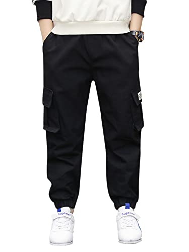 Natust Boys Cargo Pants Drawstring Joggers Kids Casual Twill Jogging Trousers Black 11-12 Years #TOP1