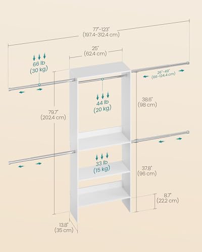 Image of SONGMICS Closet System, Customizable Walk-In Closet Organizer System with Adjustable Hanging Rods and Storage Shelves, White, Fits Spaces 6.5-10.2 ft URGR041WZ01S