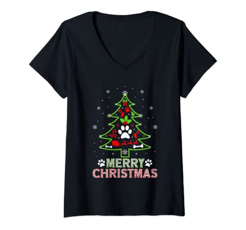Mujer Árbol de Navidad con diseño de pata de perro Camiseta Cuello V
