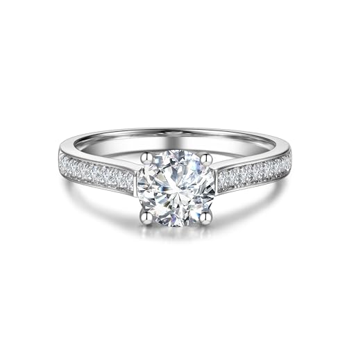 14K White Gold 1.3cttw Moissanite Engagement Ring for Women,6.5MM Main Stone,D Color VVS1 Round Brilliant Moissanite Wedding Promise Proposal Ring for Wife Her Anniversary Bridal Gift,All Size