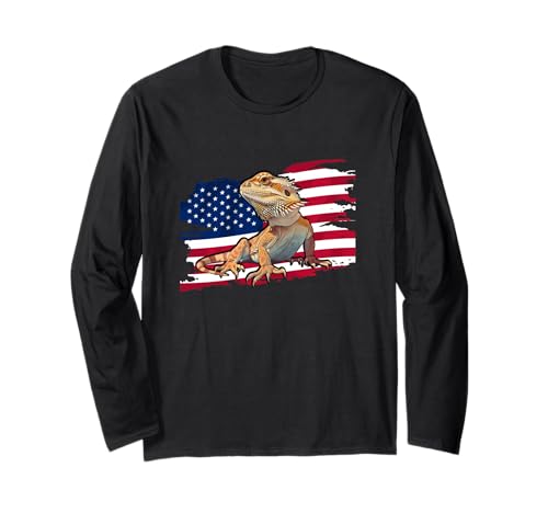Tiny Dinosaur American Flag 4th July Bearded Dragon Lover Long Sleeve T-Shirt