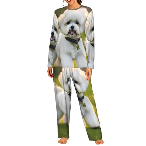 Pyjama assorti chien frisé femme ensemble de nuit manches longues vêtement d'intérieur vert