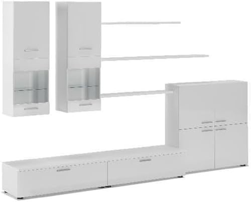 Skraut Home | Ensemble de Meubles Salon | unité Murale | Meuble Bas TV | Salle à Manger | Ensemble de séjour Contemporain avec ilumination LED | Blanc Laqué et Blanc...
