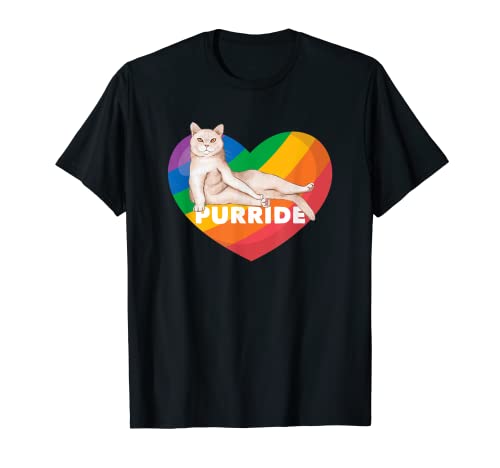 LGBTQIA Purride Cat funny gay pride month rainbow flag heart T-Shirt