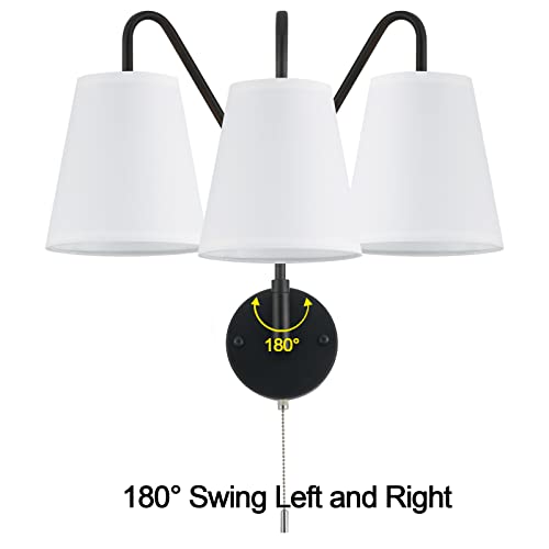 Image of PASSICA DECOR Hardwired Wall Sconces Set of Two 2 Pack with Pull Chain ON Off Matte Black Swing Arm Lighting Modern Vintage Lamp Industrial White Fabric Wall Light for Bedroom Farmhouse Living Room