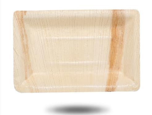 ECONUS Export Quality Serving Trays | Pack of 25| Size-9x7" inch Disposable Areca Leaf Rectangular Medium Size Tray Eco-Friendly and Biodegradable for Weddings and Parties