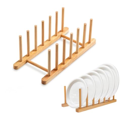 Image of CURATED CART Wooden Plate Organiser for Kitchen | Plate Stand Rack for Decor | Cabinet Plate Holder | 6 Adjustable Slots for Plates, Cup, Bowl & Dish Storage | Bamboo Wood (12x30m) | Pack of 2