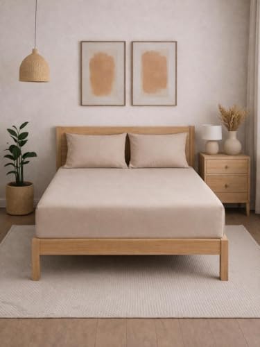 Image of THE HOME STYLE Solid Plain Cotton Feel Fitted Bedsheet King Size (72x78 inches) | 2 Pillow Covers | 300 TC | Elastic Fit | Fits Upto 8 Inch Mattress (Sand)