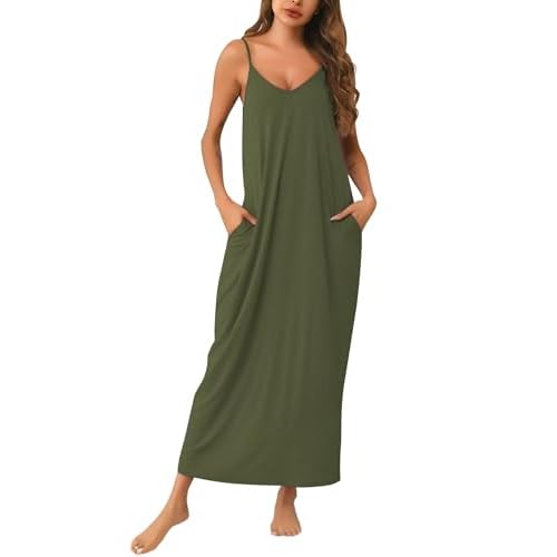Marvmys Womens Cotton Long Nightgowns Spaghetti Strap V Neck Full Slip Sleep Shirts with Pockets Army Green Medium