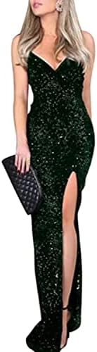 Ranfare Women's Sexy V Neck Bodycon Sequin Gown Evening Dress with Slit(Green-3-L)