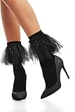 Violet Mist Lace Ruffle Anklet Socks Cute Black Frilly Ankle Socks for Women Cotton Crew Socks with Lace Ruffles Trim Fringe Fashion Princess Lolita Socks for Ladies Girls Goth Solid Color Dress Socks