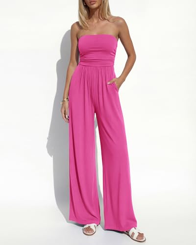 BTFBM Jumpsuits For Women Summer 2026 Beach Vacation Strapless Tube Top Jumpsuit Ruched Casual Wide Leg Pant Rompers(Rose Red, XX-Large) — view 2