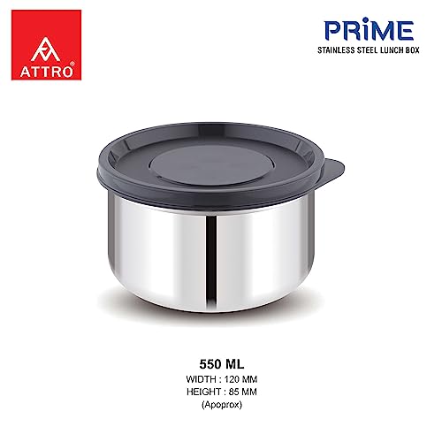 Image of ATTRO Prime Stainless Steel Single Wall Storage Containers Airtight & Leak Proof Containers for Office Use, School, Picnic, 550ml -Black-Set Of 4