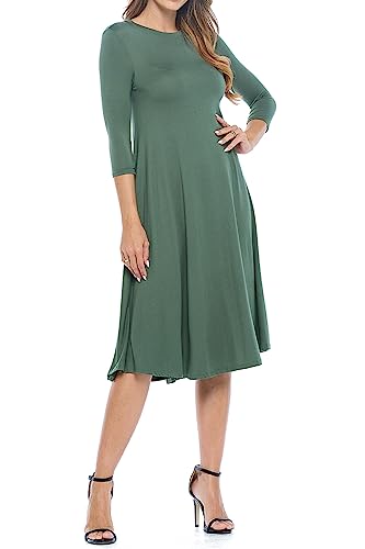 iconic luxe Women's Swing Midi Dress – 3/4 Sleeve Flowy A-Line Tunic – Soft, Stretchy, Comfortable, and Versatile Casual Dress for Everyday Wear Small Olive - Thumbnail 4