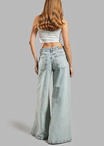 CHARTOU Low Rise Wide Leg Jeans Woman Baggy Lace Patchwork Flare Y2k Jeans Bell Bottom Denim Pants Summer4