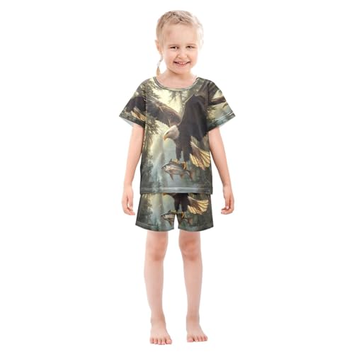 ALAZA Bird Tree Fish Pajamas Set Short Sleeve Cotton Sleepwear Summer Pjs 2 Piece 5-14Y3