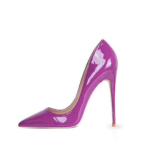 Zhabtuc Mujer Zapatos de Tacón de Charol 12 CM Sexy Stilettos con Punta Aguda Cerrada Tacón de Aguja Morado para Fiestas, Bodas, 37 EU